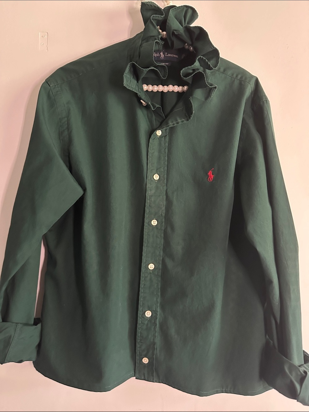 Ralph Lauren Dark Green Button-Down Ruffled collar Shirt with Red Pony